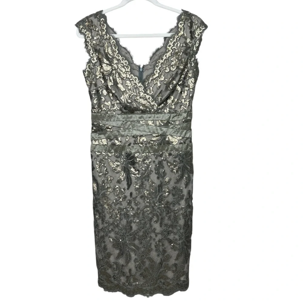 Tadashi Shoji Metallic Embellished Lace Sheath Spring Wedding Guest Dress Size 4